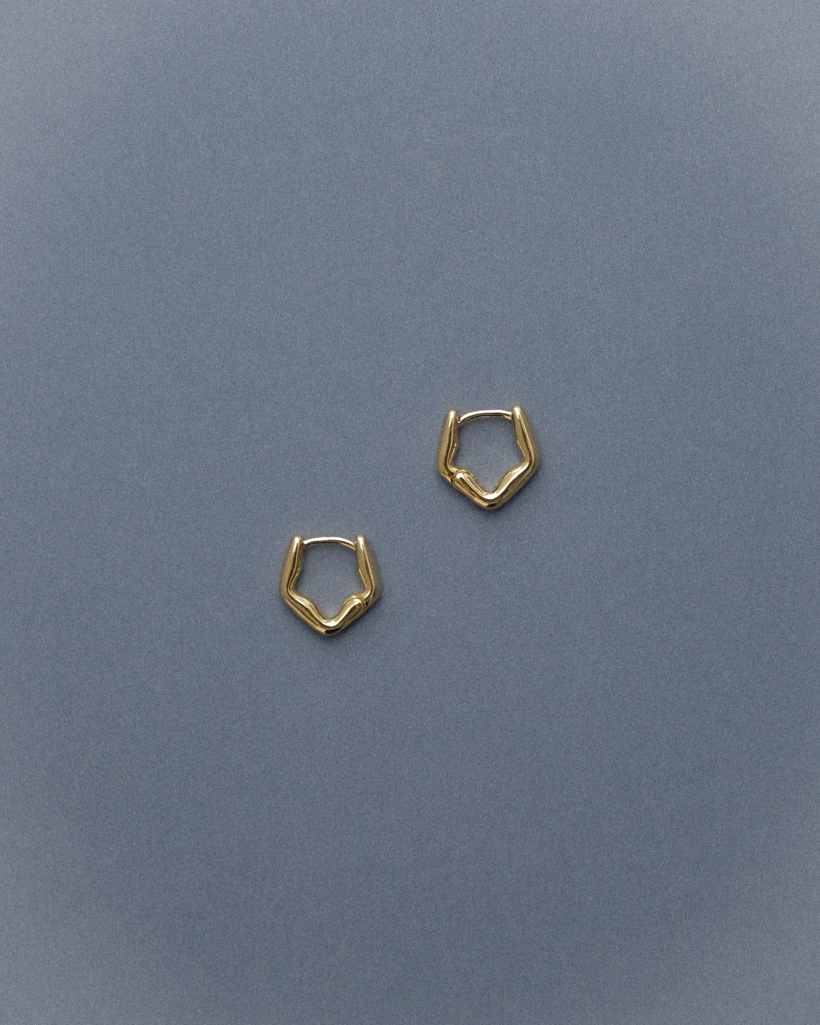 A pair of sculptural gold earrings set against a soft grey-blue background, their fluid forms quietly catching the light.