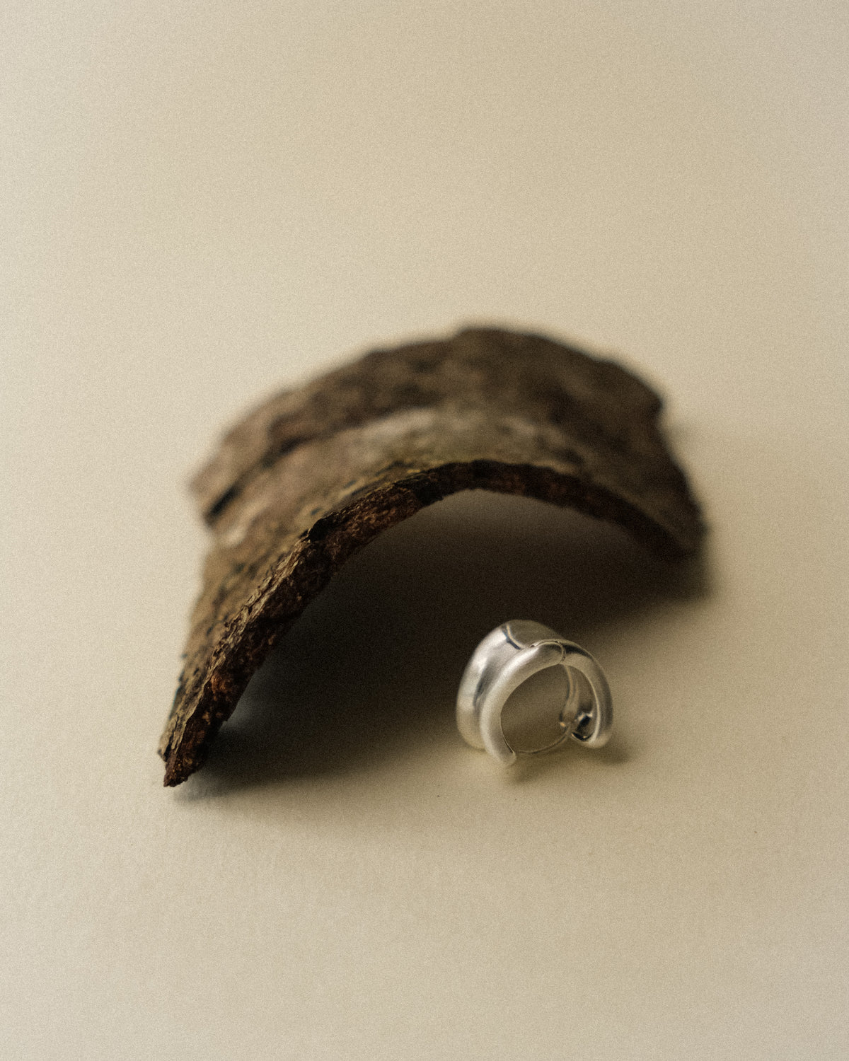 A curved earring shot with natural tree bark from the front, against a warm backdrop.