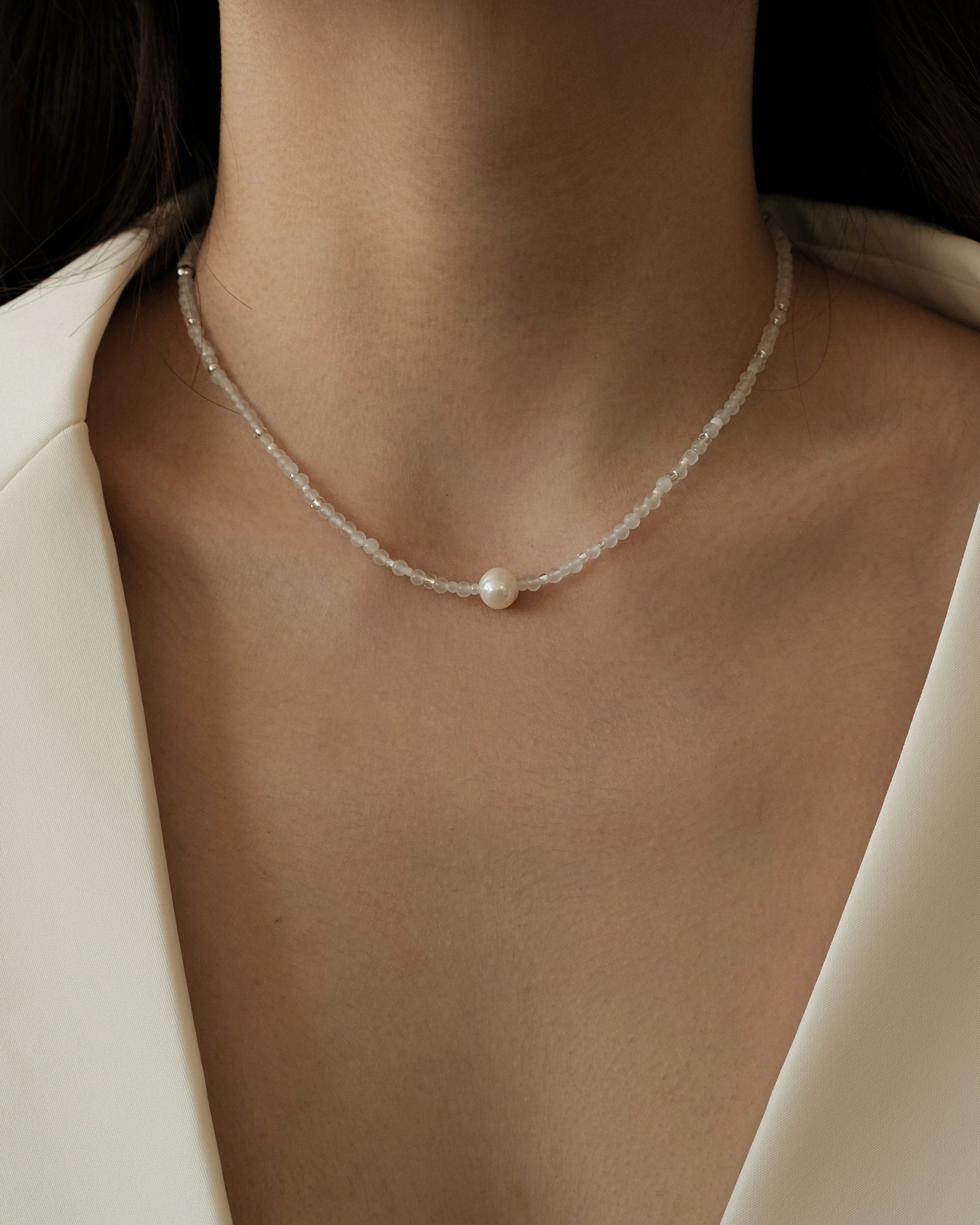 Masa White Agate Pearl Japanese Beaded Necklace