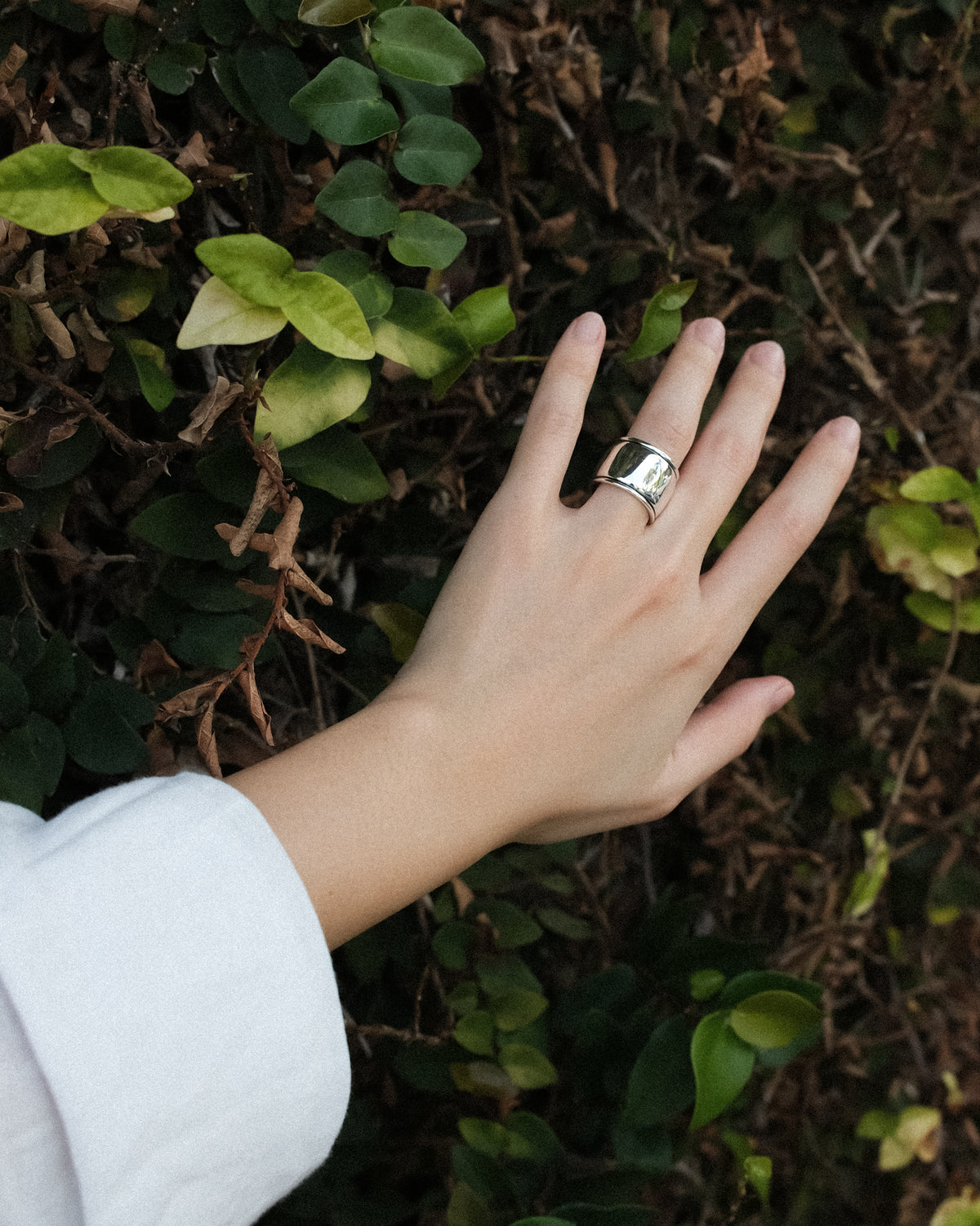 A woman wearing a bold sculptural cigar band ring on her wedding finger, photographed against a natural green vine background.