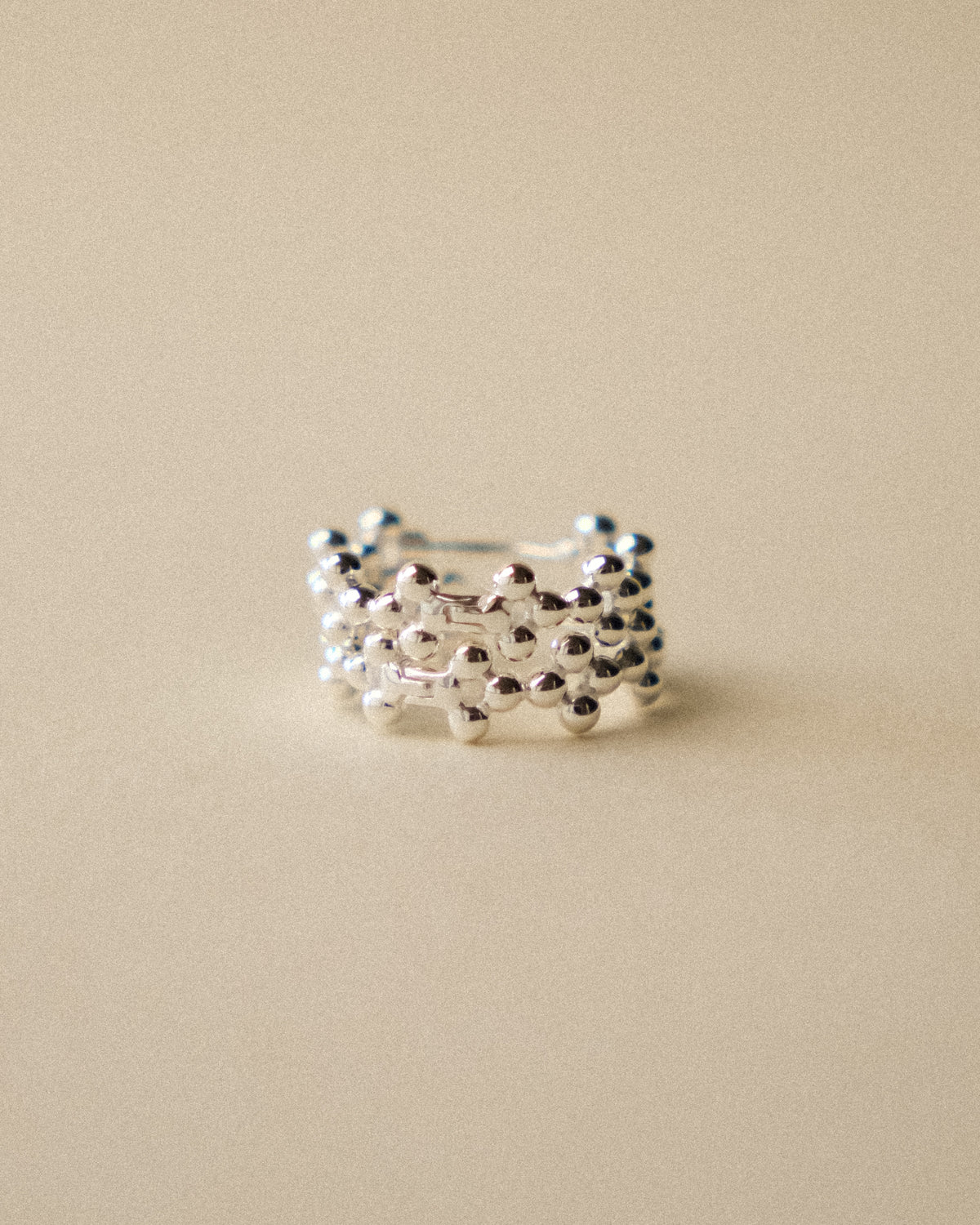 A pair of flora-inspired hoop earrings with delicate silver sphere details, captured from the front against a warm wabi-sabi background. The sculptural floral forms and rhythmic silver beads create a harmonious balance between organic beauty and minimalist craftsmanship, highlighted by soft natural light and earthy textures.