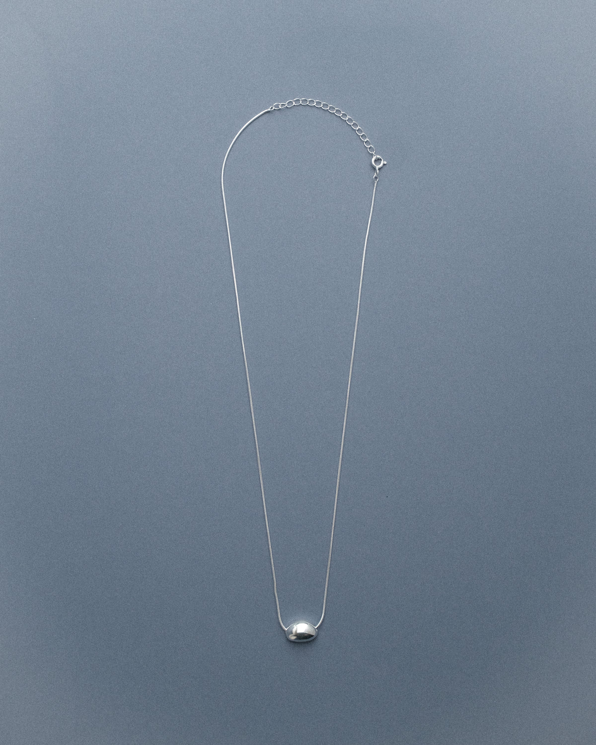 A silver egg-form necklace displayed against a soft geay-blue background, highlighting its smooth, sculptural silhouette.