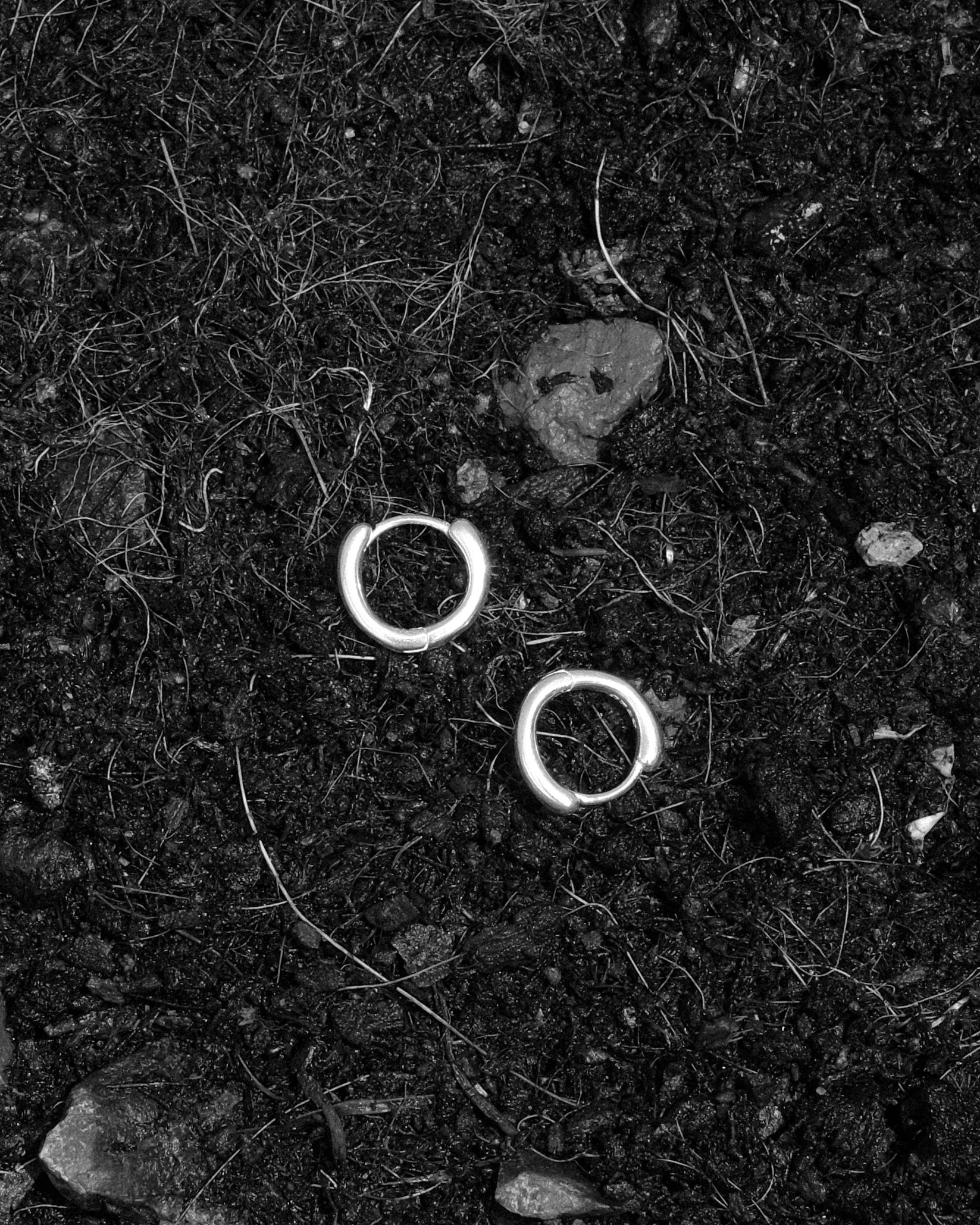 A pair of silver hoop earrings shoot on soil.