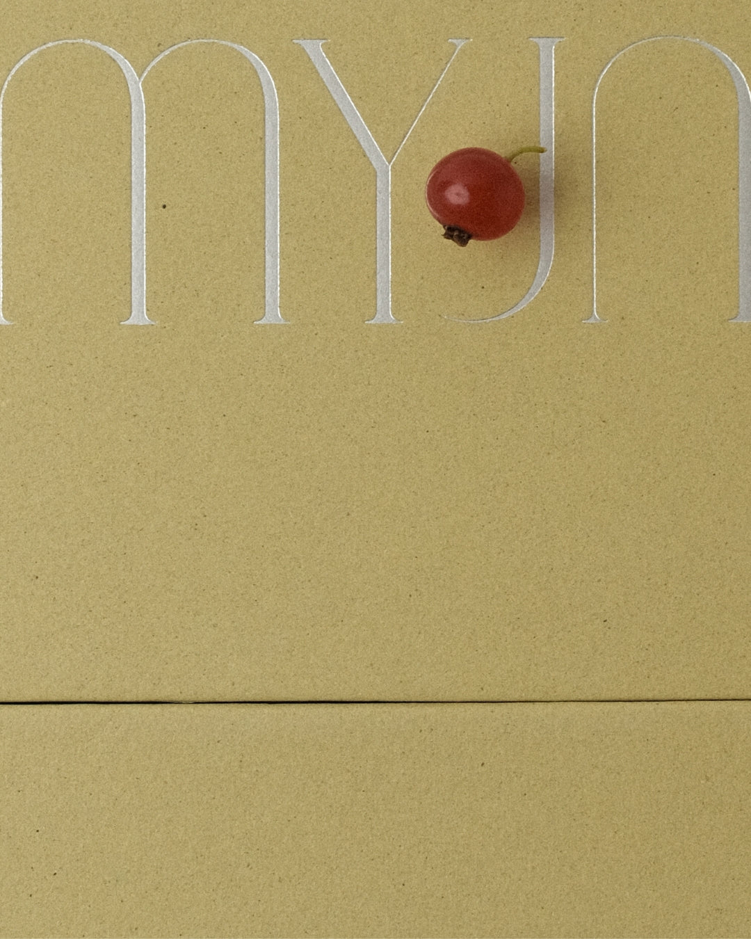 Red currant on a avocado olive green background jewellery box with 'MYJN' branding.